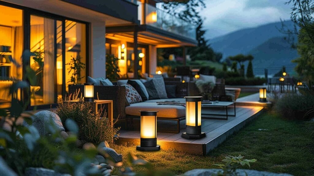 Modern solar light in backyard at night, eco-friendly and stylish.