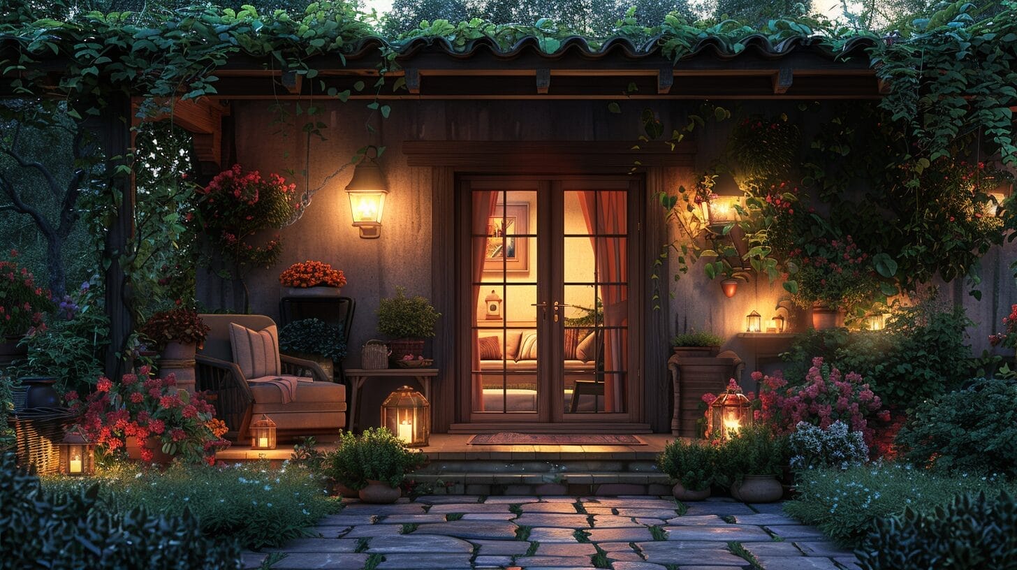 Nighttime porch illuminated by solar light with plants and furniture.