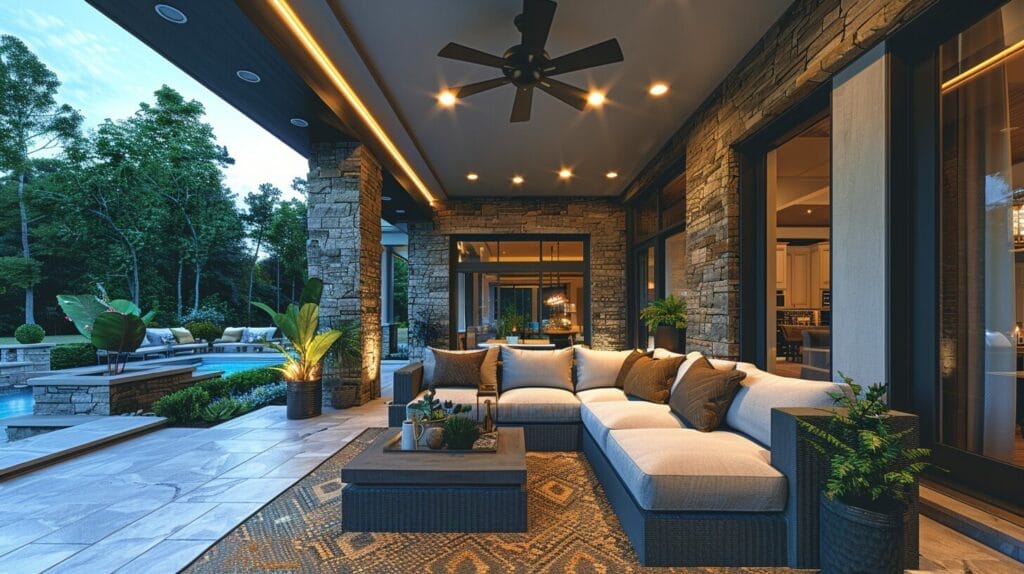 Outdoor patio with modern, bright ceiling fan.