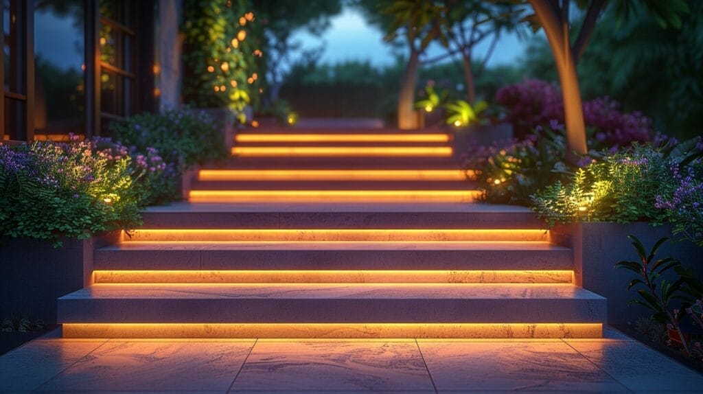 Outdoor steps at night, with strip lights installed along the edges, illustrating the installation process.
