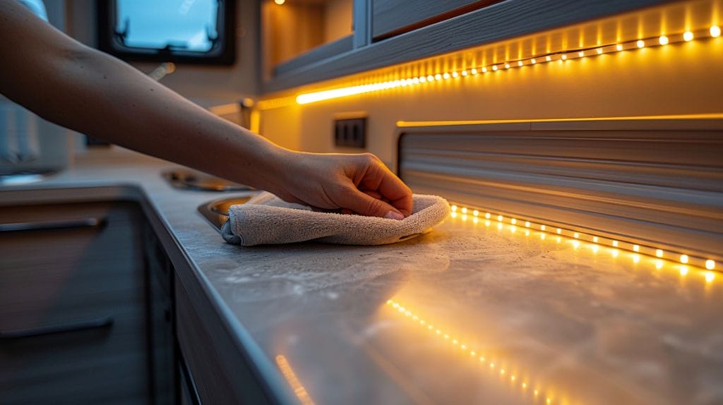 Person cleaning a 12-volt LED light fixture in an RV with a soft cloth, removing dust and debris.