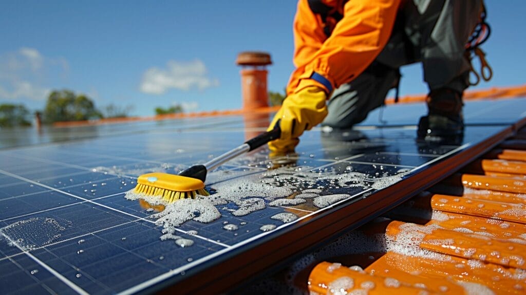 How to Clean Solar Panels on the Roof featuring a person in safety gear cleaning solar panels with a soft brush and gentle soap on a sloped roof