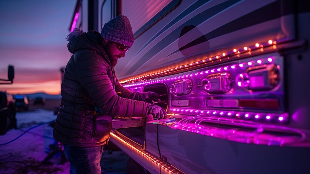 Person installing 12 Volt LED lights in an RV, depicting steps of cutting wires, connecting to power, and securing lights.