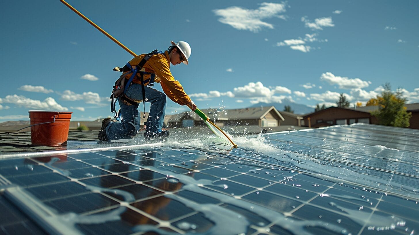 Person on a ladder cleaning solar panels with a squeegee, bucket of soapy water, and soft brush on a roof.