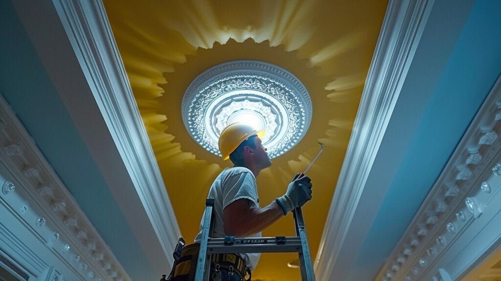 Person on ladder removing old ceiling light, detailed DIY installation setup.