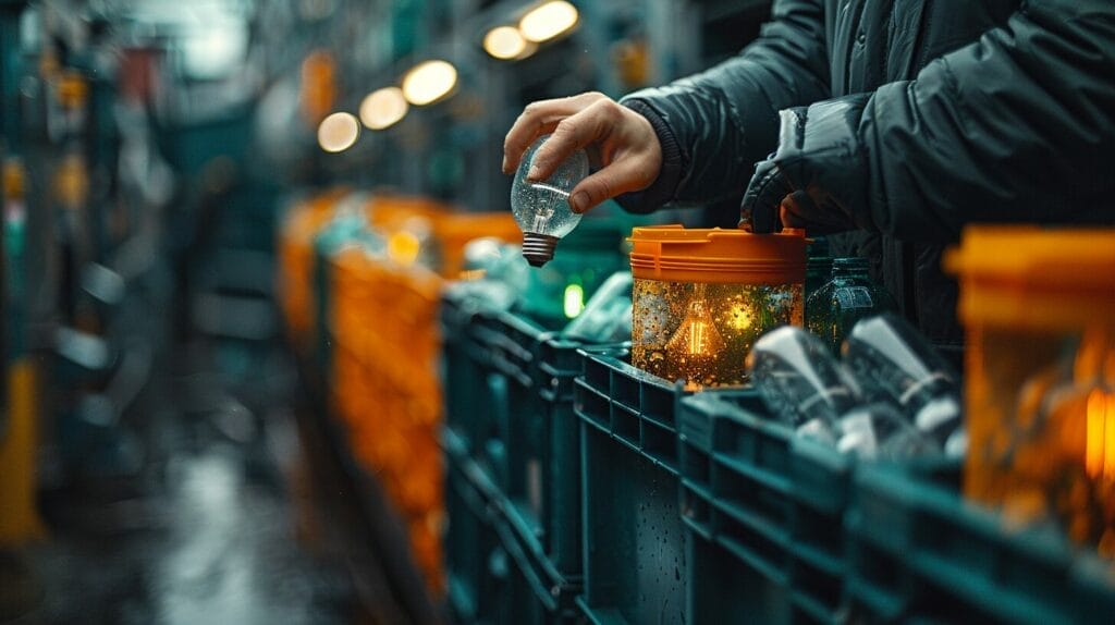 Person placing a light bulb into a recycling bin at a recycling center, following disposal guidelines.