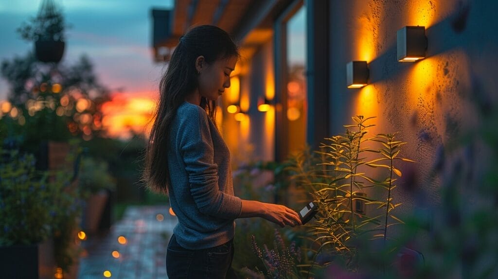 Person setting digital timer, sunset, various outdoor lights.