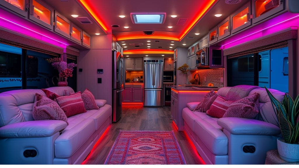 RV interior with vibrant Volt LED lights, showing color variation, brightness, and sleek design, enhancing aesthetics and functionality.