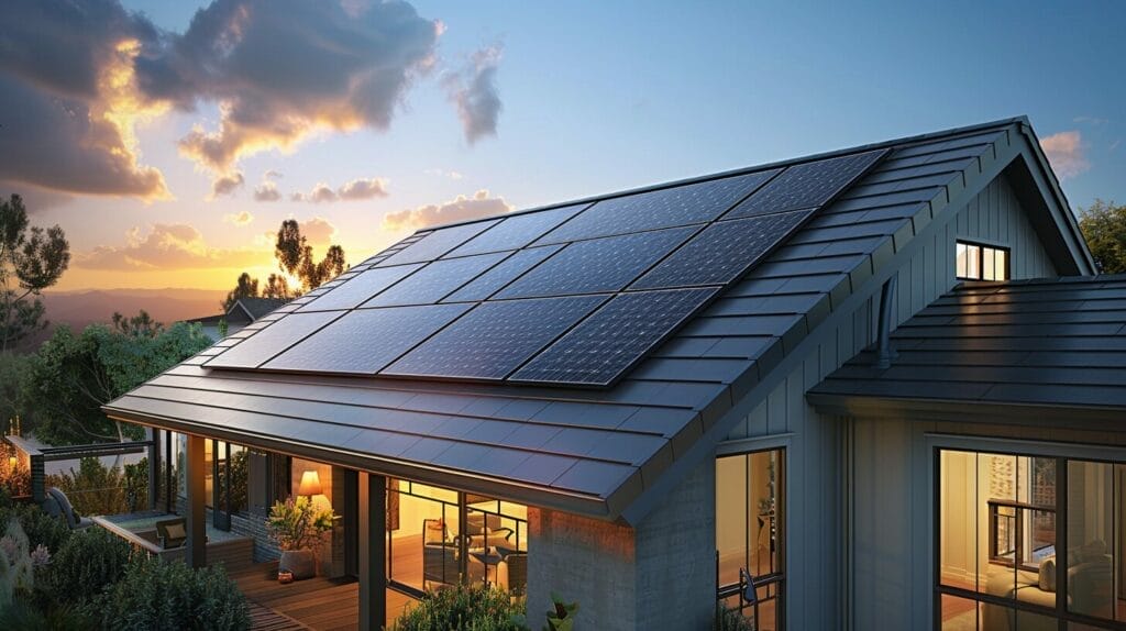 Rooftop solar system with panels and inverter, electricity flow to home.
