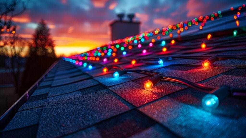 Rooftop with solar-powered Christmas lights and solar panels at sunset.