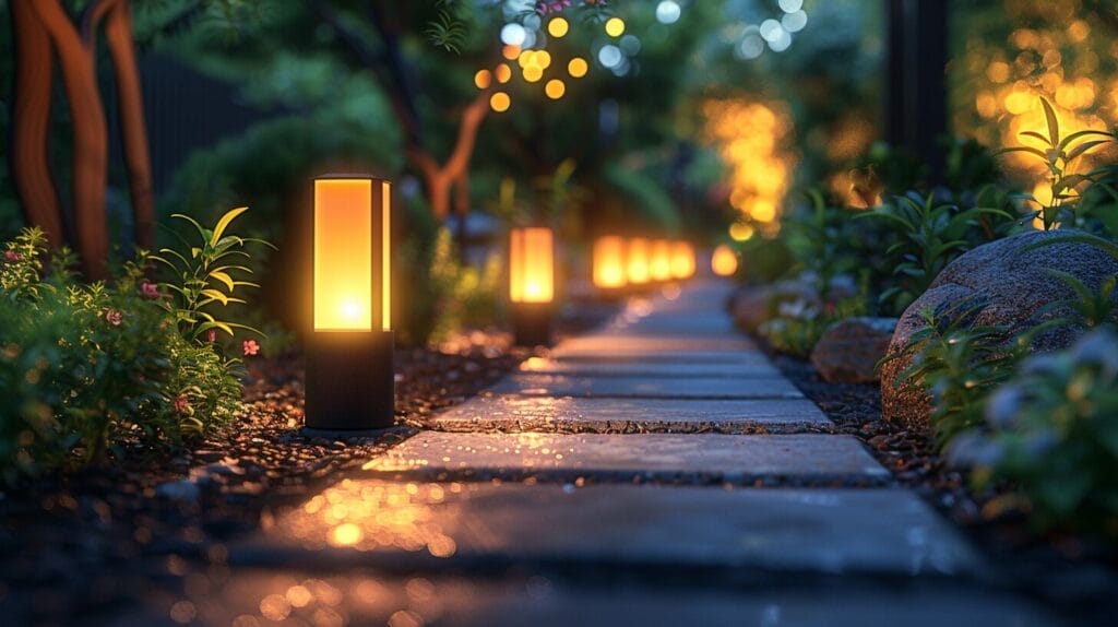 Row of modern wired pathway lights illuminating a garden path at night.