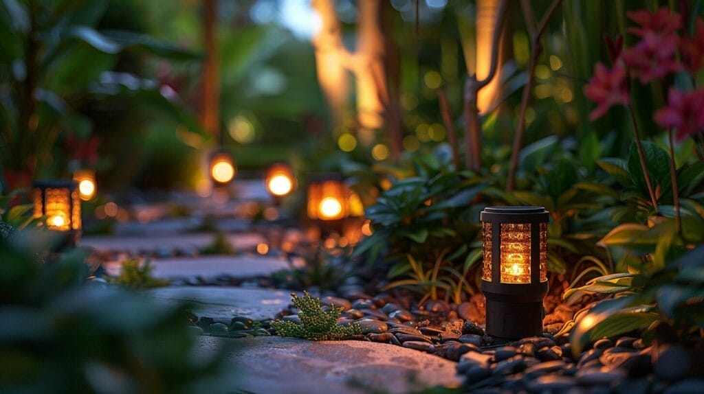 Row of solar mini lights at dusk, warm glow against greenery and flowers.