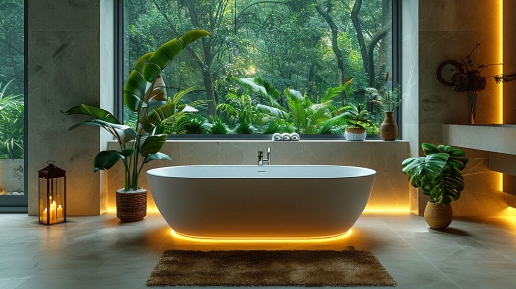 Serene bathroom illuminated by soft white LED bulbs, featuring a freestanding bathtub and plants.