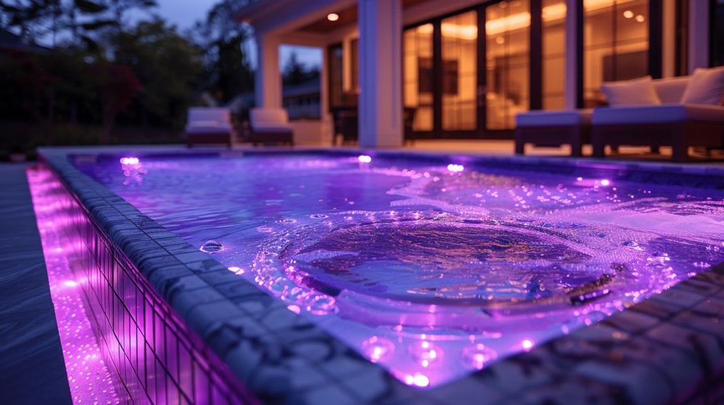 Shimmering above ground pool at night, illuminated by vivid and colorful super bright LED lights.