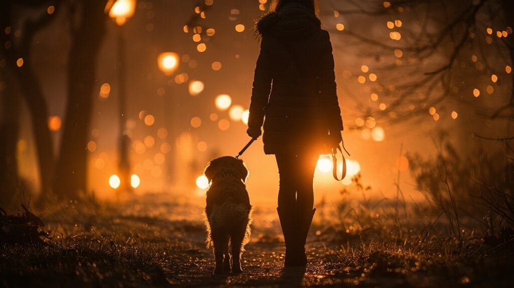 Silhouette of a person and a dog on a night walk, with collar light and flashlight illuminating the path.