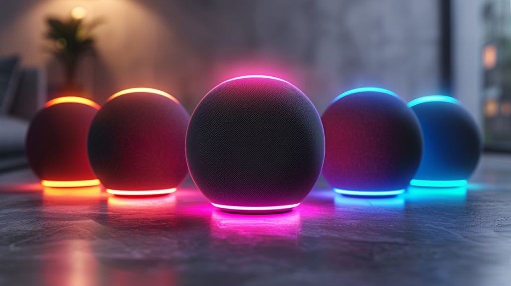 Sleek Amazon Echo in dark room with soft, customizable glow in various colors.