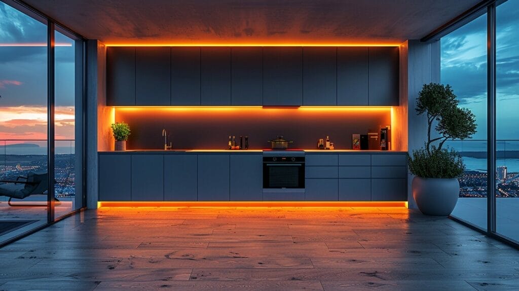 Sleek, minimalist kitchen with integrated LED under counter lights and hints of smart technology.