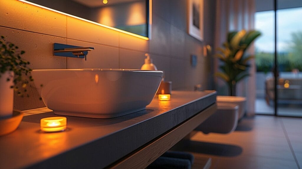 Sleek, modern bathroom with soft, ambient glow from stylish night light near the sink.