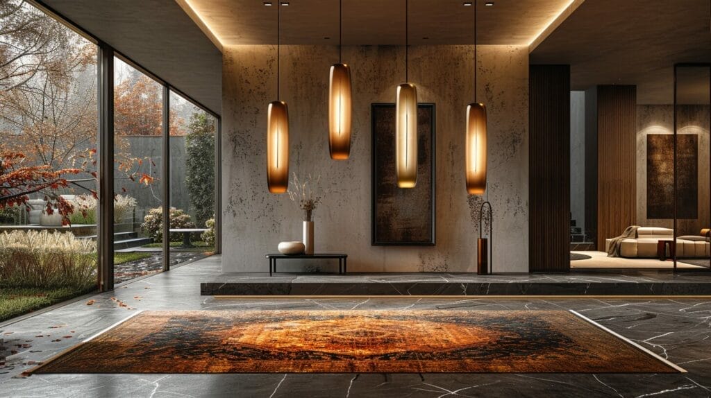 Sleek modern pendant light above grand entrance with gold finish and luxurious rug.