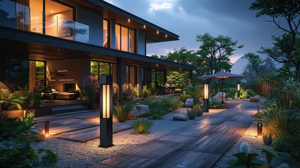 Sleek, modern solar floodlight with adjustable panels and motion sensor, lighting a large outdoor space.