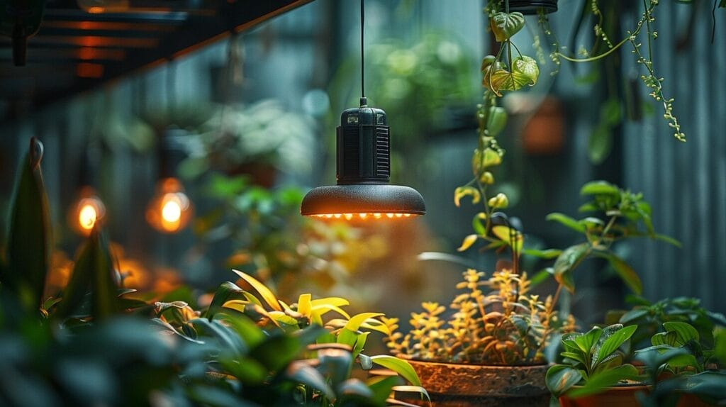 Small grow light above a lush indoor garden