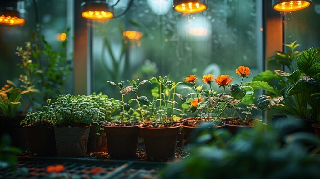 Small indoor garden with vibrant plants growing under bright, energy-efficient LED grow lights.