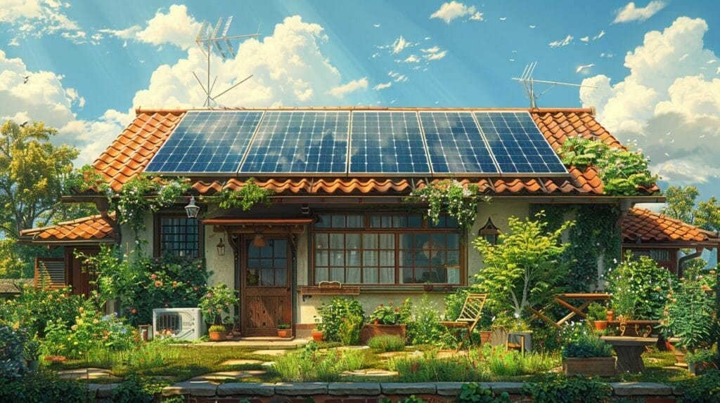 Solar panel on rooftop absorbing sunlight, clear blue sky, home powered.