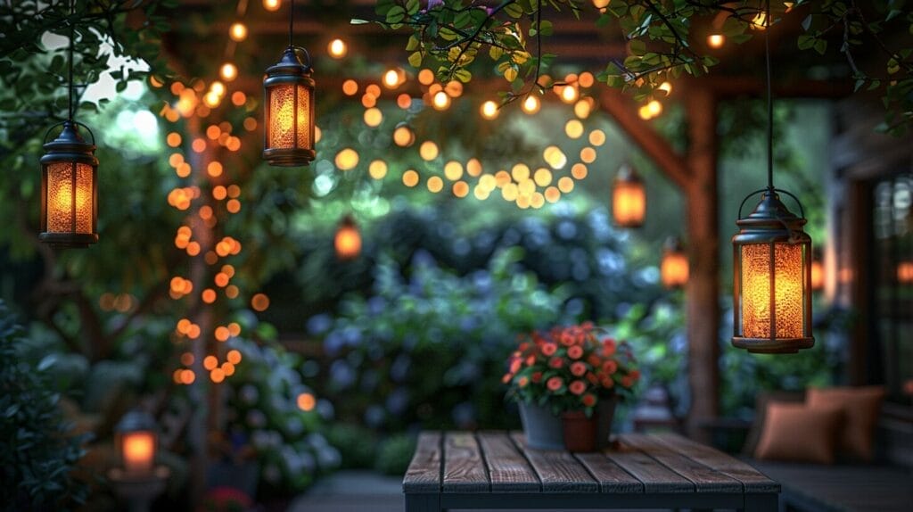 Solar porch light with warm glow over a cozy area with string lights and lanterns.