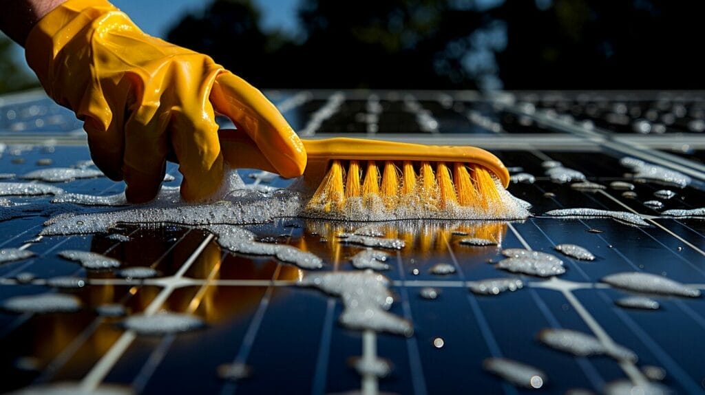 Someone using a soft-bristled brush and soapy water to scrub a solar panel, clear blue sky and sunshine in the background.