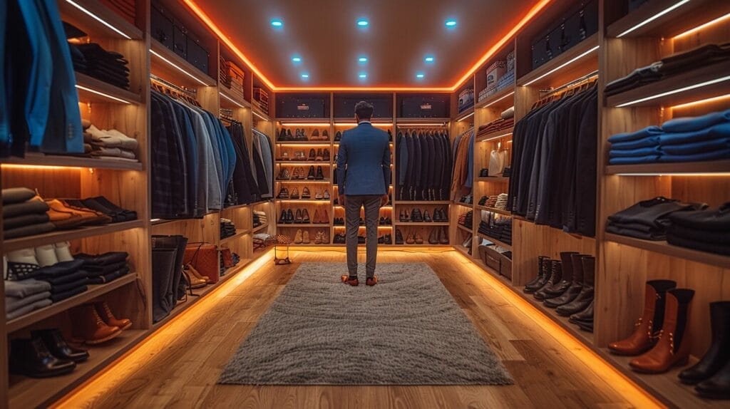 Spacious walk-in closet with recessed LED strip lights highlighting neatly organized clothes and shoes.