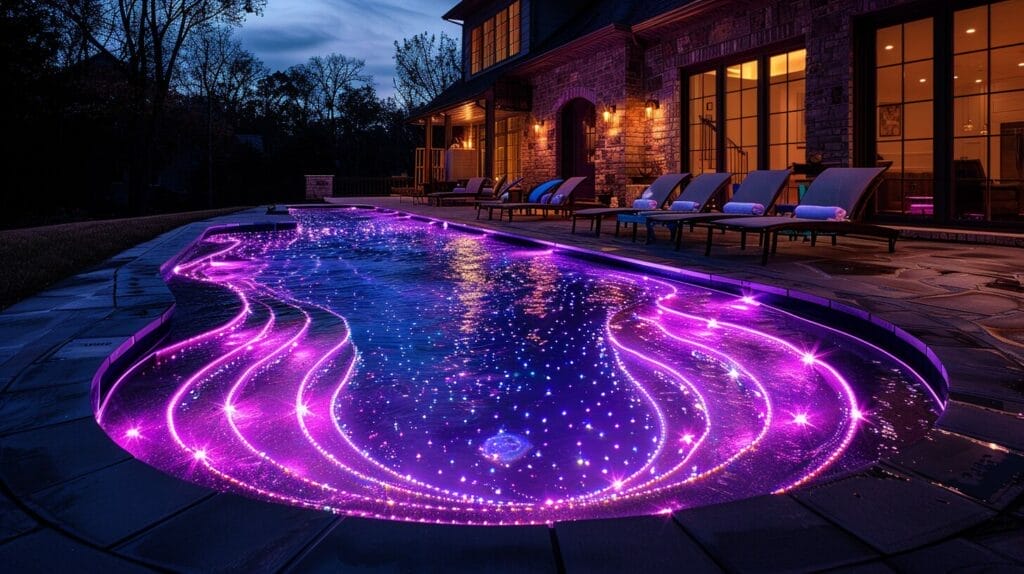 Sparkling pool with colorful LED lights showing variety and efficiency.