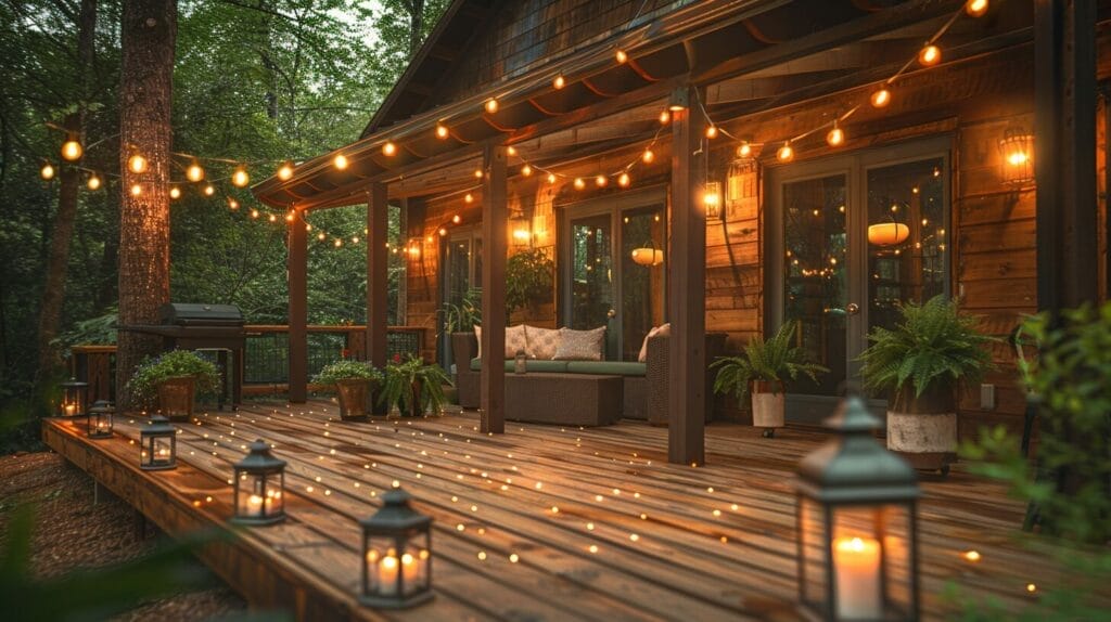 Step-by-step guide to hanging string lights on a covered patio.