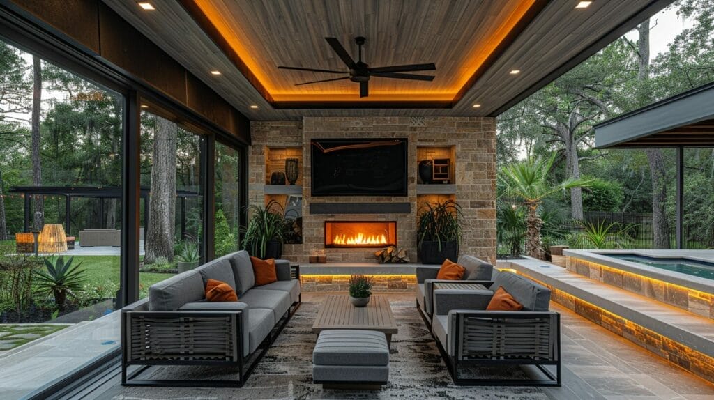 Stylish outdoor fan with lights over cozy seating area.