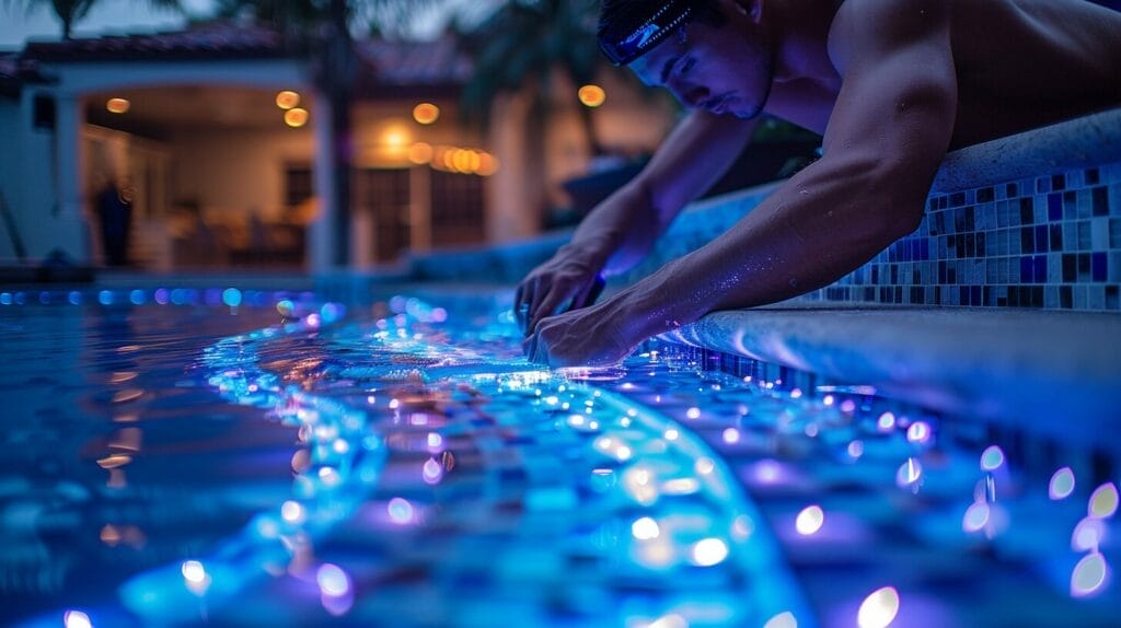 Technician installing LED pool light, emphasizing precision and care.