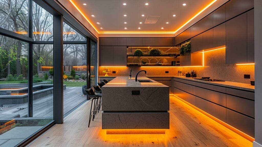 Under-cabinet lights adding warm, ambient lighting in a modern kitchen.