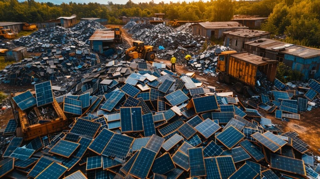 Used solar panels being sorted and dismantled at a recycling center, with visual cues depicting the challenges and opportunities in solar panel recycling.