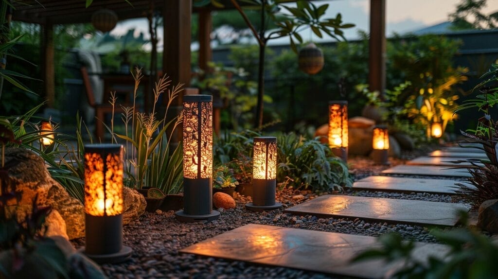 Variety of outdoor solar lights with different designs in an illuminated outdoor space.
