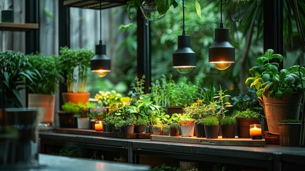 Variety of small grow lights, including LEDs, bulbs, and lamps, lighting up plants in a compact indoor garden, highlighting unique features.