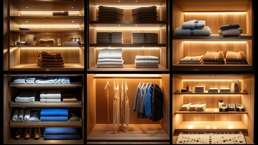 Various LED closet lights including motion sensor, puck, and strip lights in different closet corners, showing features.