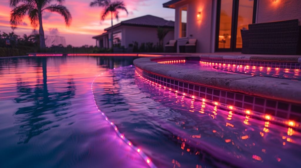 Various LED lighting options for above ground pools, featuring strip lights, floating orbs, and underwater lights.
