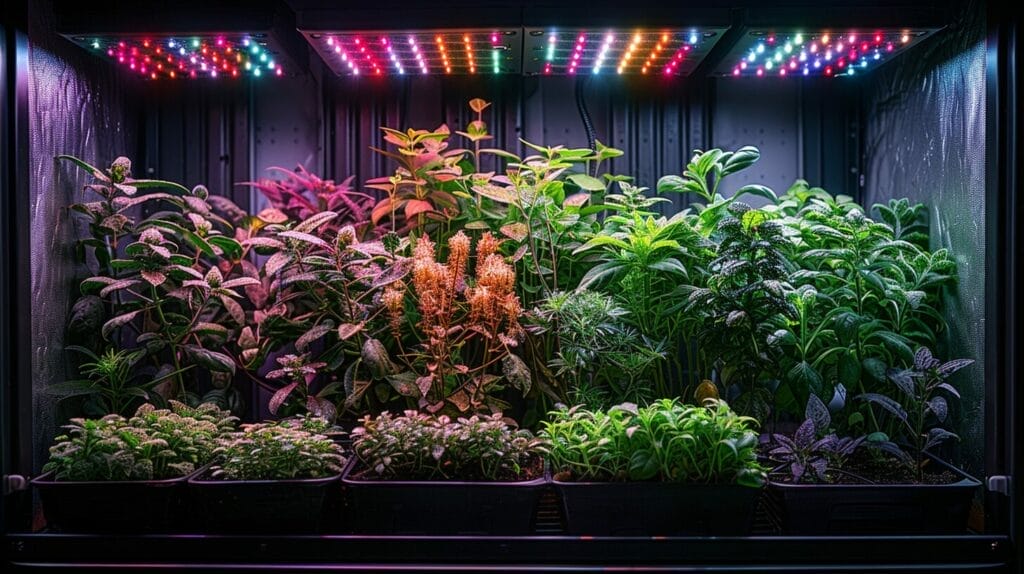 Various grow lights over indoor plants, showing light intensity and coverage.