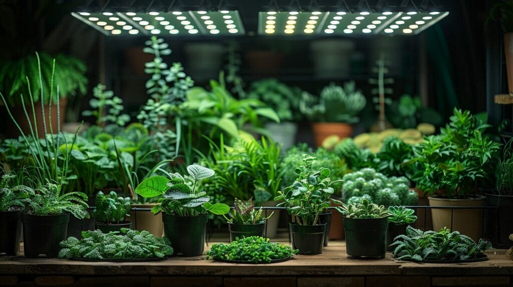 Various plants displaying healthy growth under different types of grow lights at multiple distances and angles.