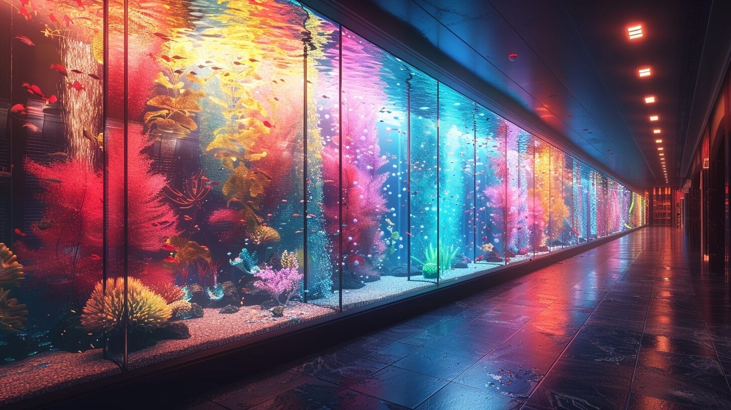 Vibrant aquarium glowing with lights in a dark room.