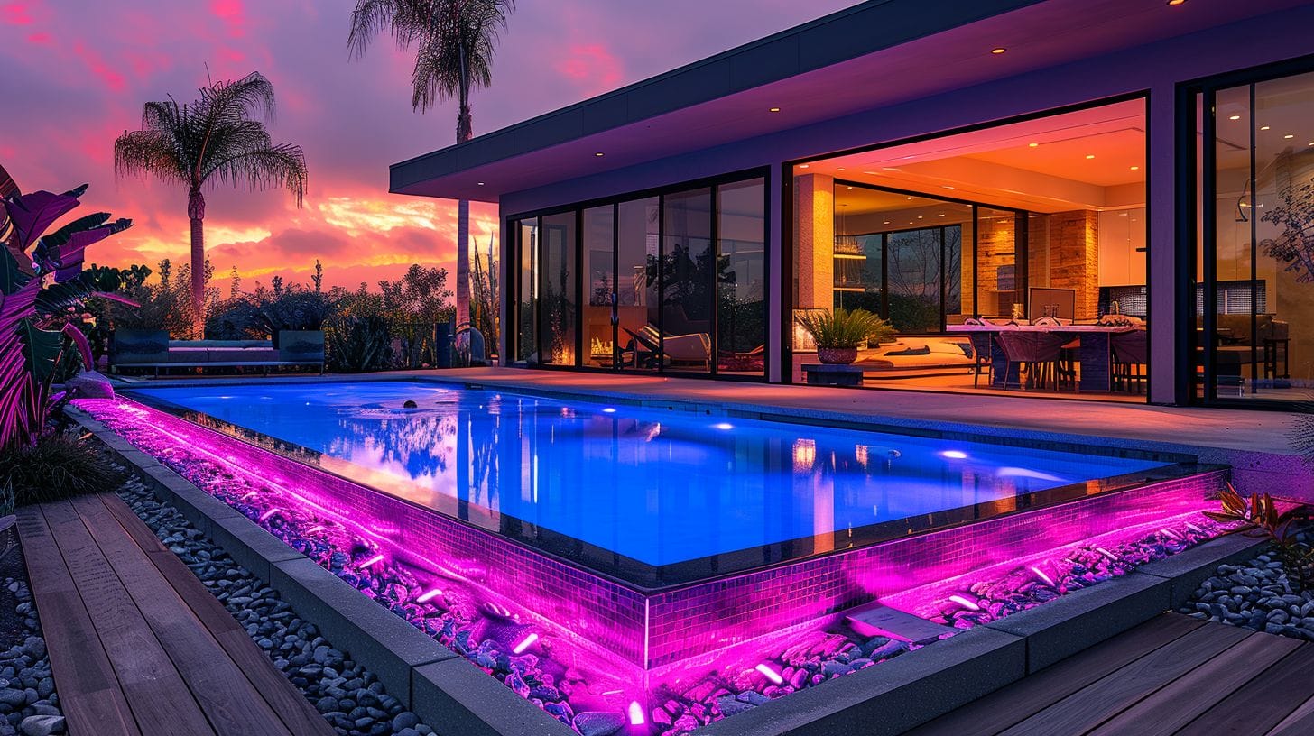 Vibrant backyard scene at night with an above ground pool illuminated by super bright LED lights.