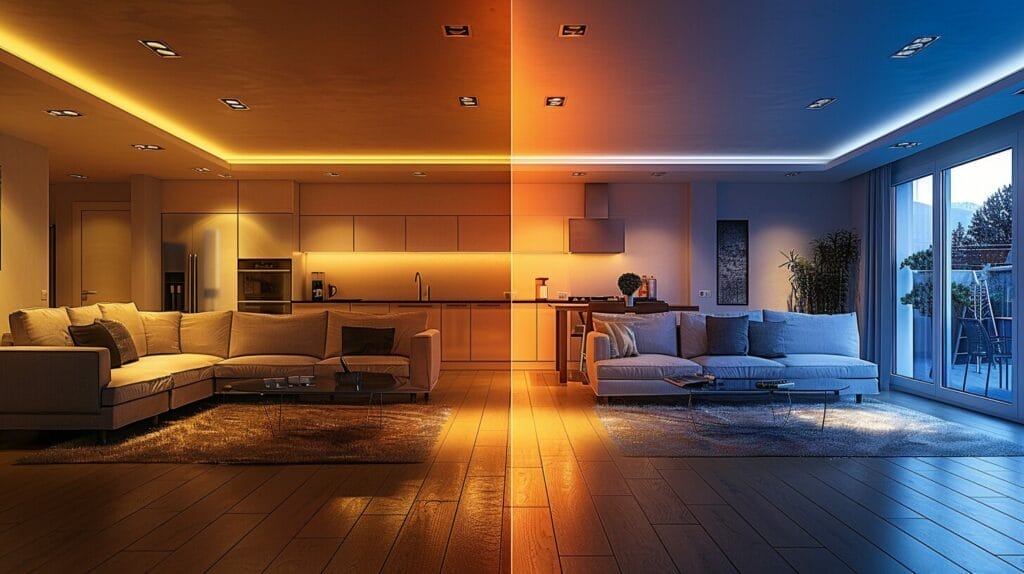 Warm white vs. cool white LED bulbs in recessed lights, comparing color temperatures to aid in bulb selection.