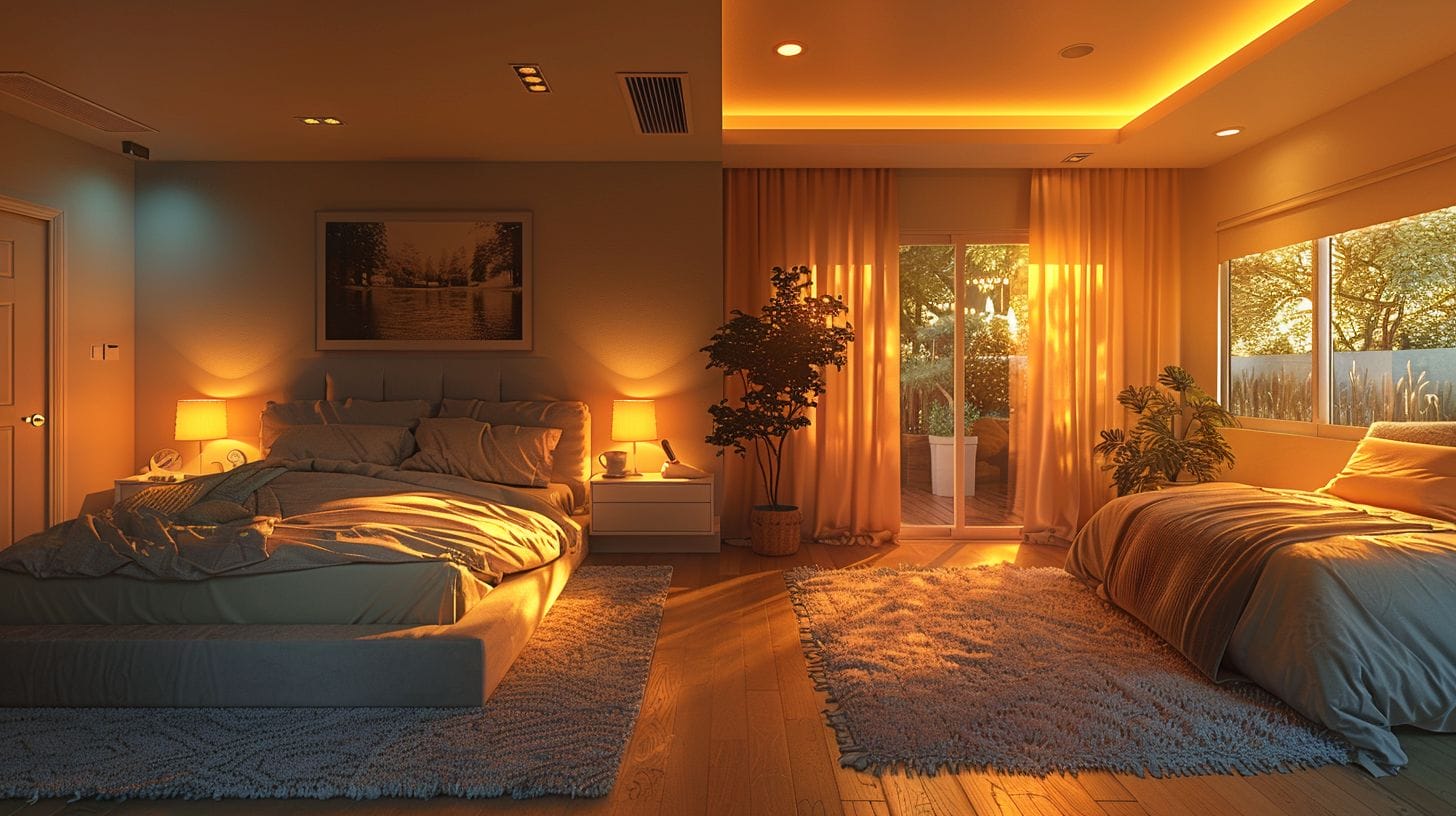 Warmly lit bedroom and brightly illuminated basement highlighting the importance of lighting.