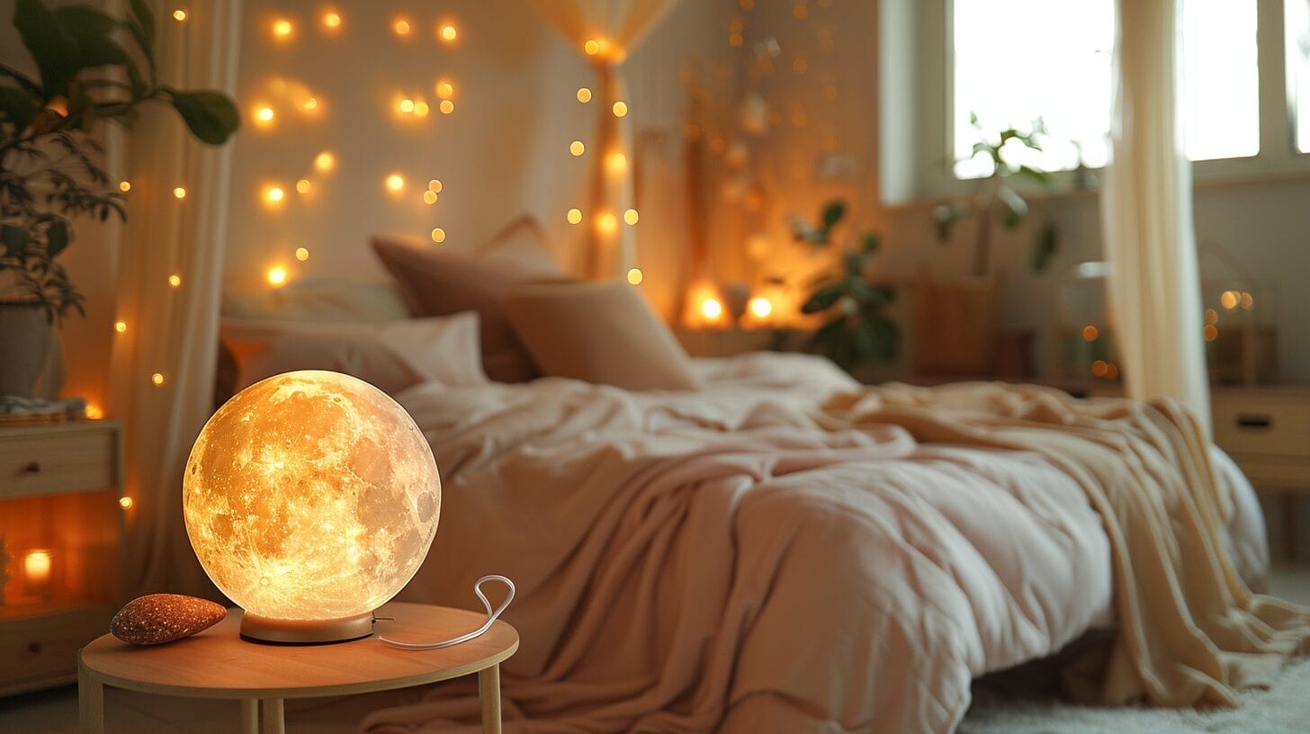 Warmly lit bedroom with string lights around a canopy bed and a bedside table with fairy lights and a moon lamp.