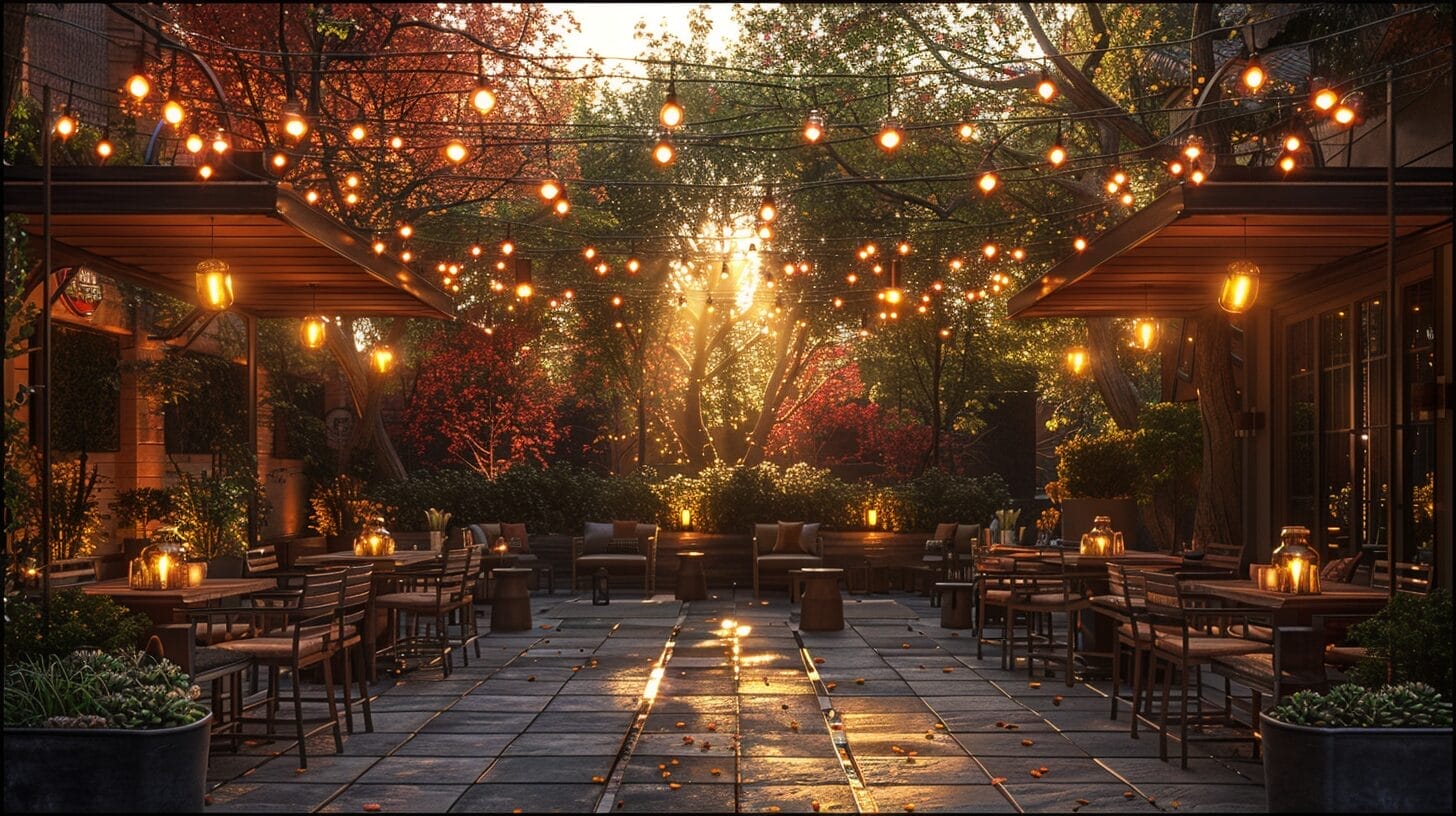 Warmly lit patio with string lights in zig-zag pattern over seating area.