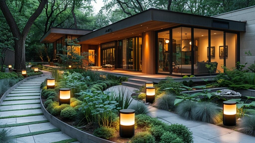 Winding pathway with modern wired lights illuminating garden beds.