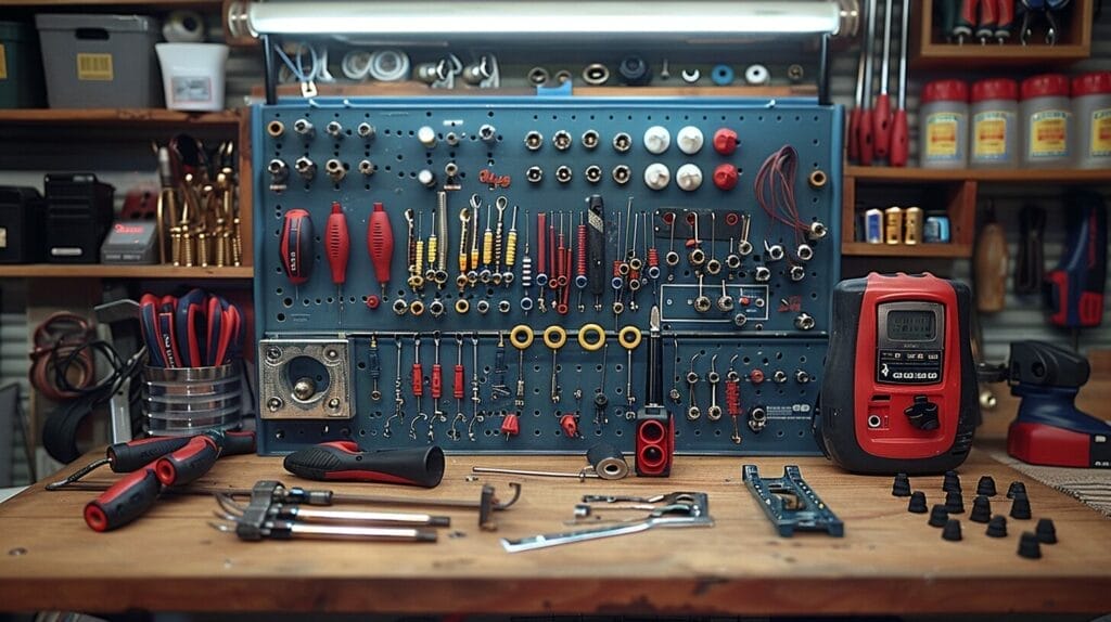 Wire stripper, screwdriver, wire nuts, electrical tape, and a voltage tester laid out on a workbench for wiring a light with two switches.